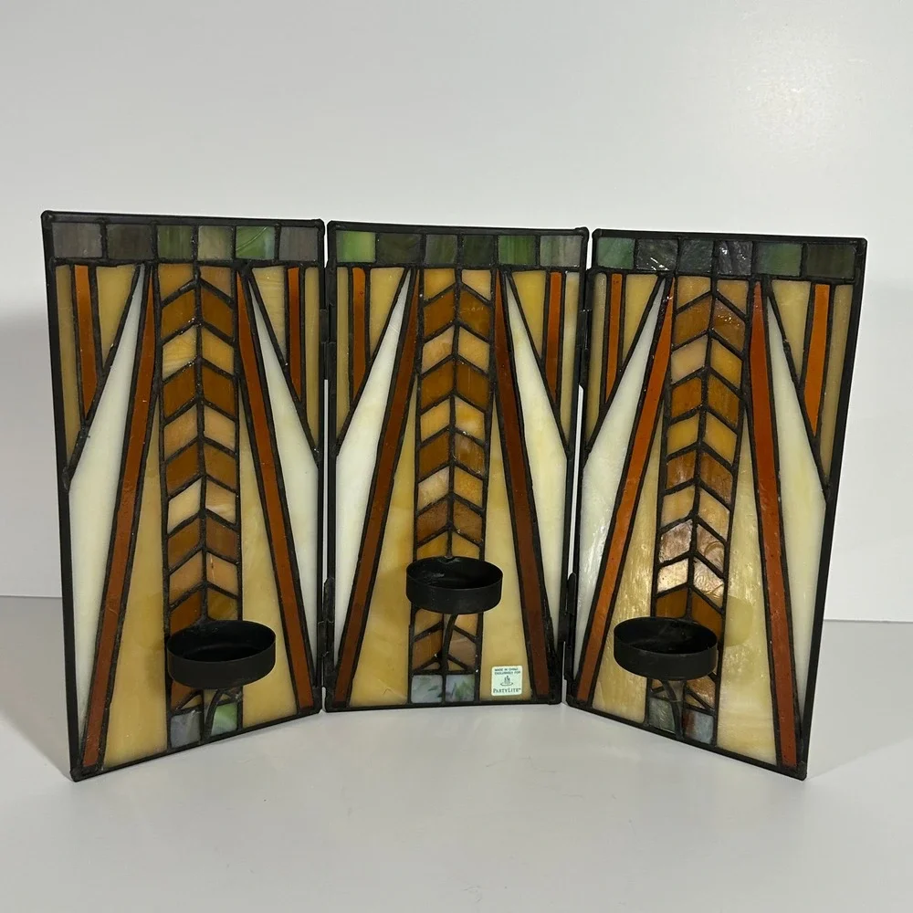 PARTYLITE THREE PANEL STAINED GLASS VOTIVE FRANK LLOYD WRIGHT PRARIE CRAFTSMAN